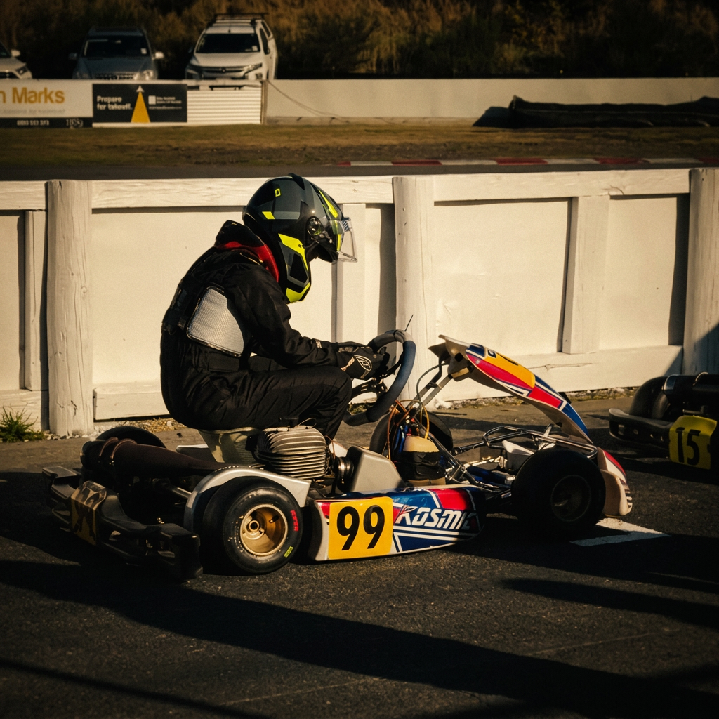 Noah Murray, #99, at speed in his Vortex Mini ROK kart