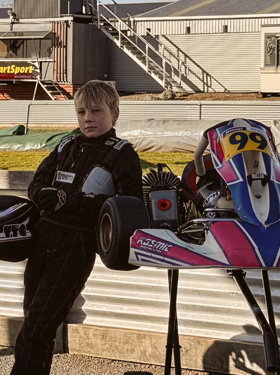 Noah Murray in race suit holding his helmet in the pit lane